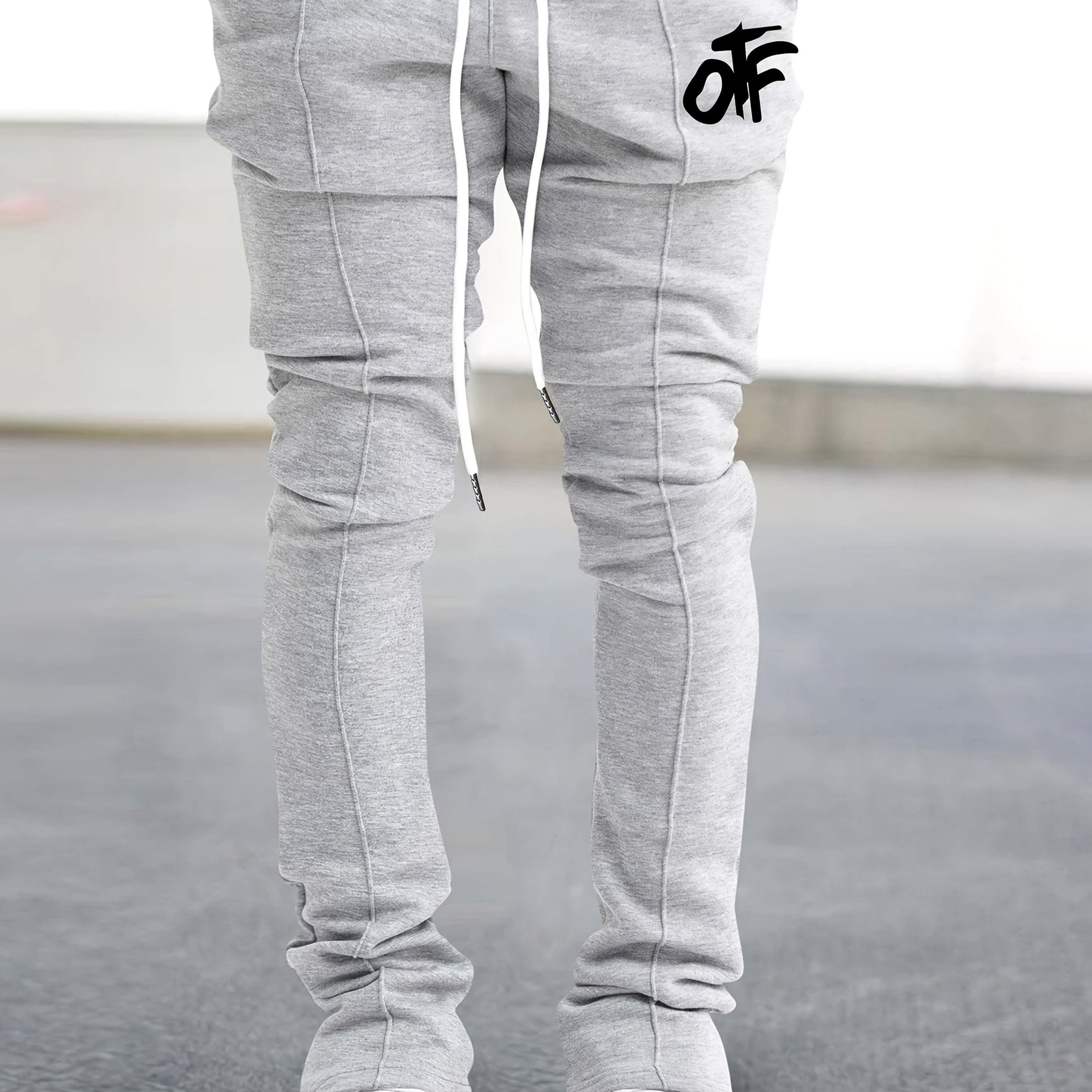 Men's Slim-Fit Heavyweight-Look Tapered Trousers - Breathable Black & White Lettering Jogger Pants with White Piping, Drawstring Waist & Cuffed Ankle - Casual to Formal Wear, Spring/Fall Season, Machine Washable (Minimalist A