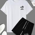 Men's Outfit Set, Palm Tree Graphic Tee & Drawstring Shorts, Teenager 2 In 1 Sports Wear For Gym Workout Jogging
