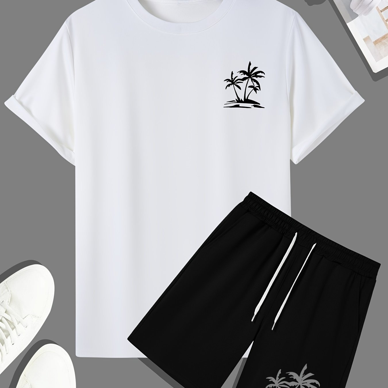 Men's Outfit Set, Palm Tree Graphic Tee & Drawstring Shorts, Teenager 2 In 1 Sports Wear For Gym Workout Jogging