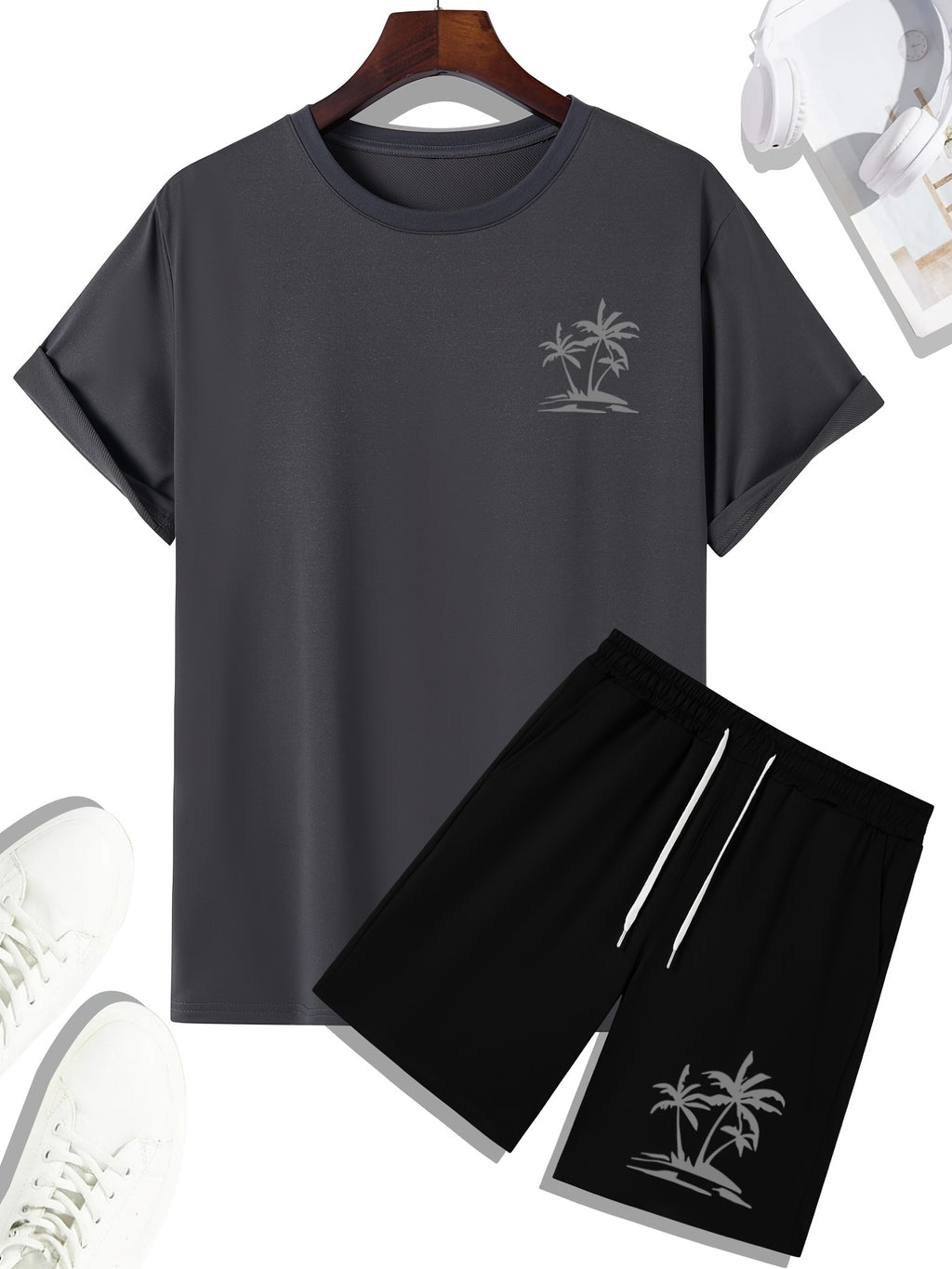 Men's Outfit Set, Palm Tree Graphic Tee & Drawstring Shorts, Teenager 2 In 1 Sports Wear For Gym Workout Jogging