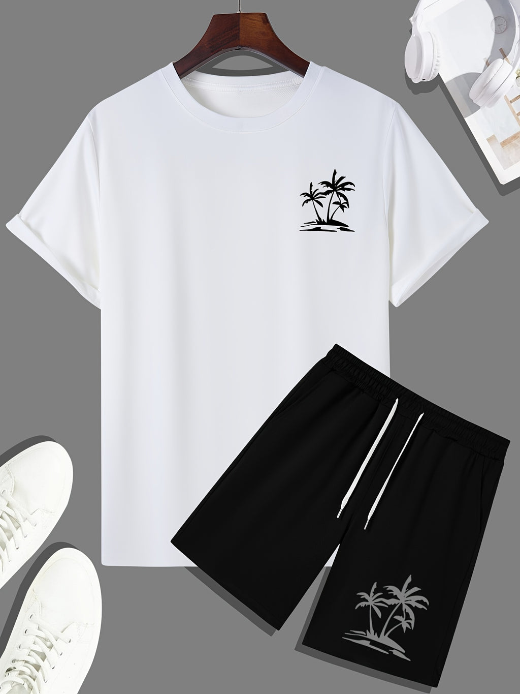 Men's Outfit Set, Palm Tree Graphic Tee & Drawstring Shorts, Teenager 2 In 1 Sports Wear For Gym Workout Jogging