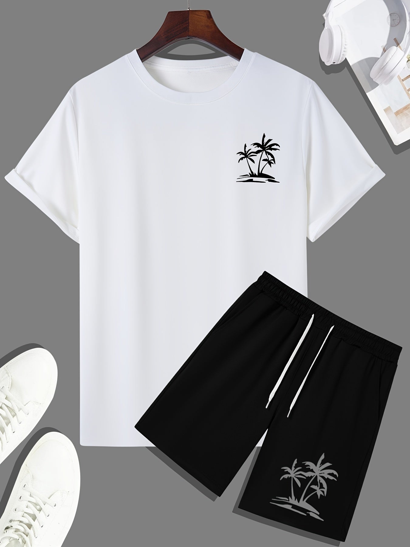 Men's Outfit Set, Palm Tree Graphic Tee & Drawstring Shorts, Teenager 2 In 1 Sports Wear For Gym Workout Jogging