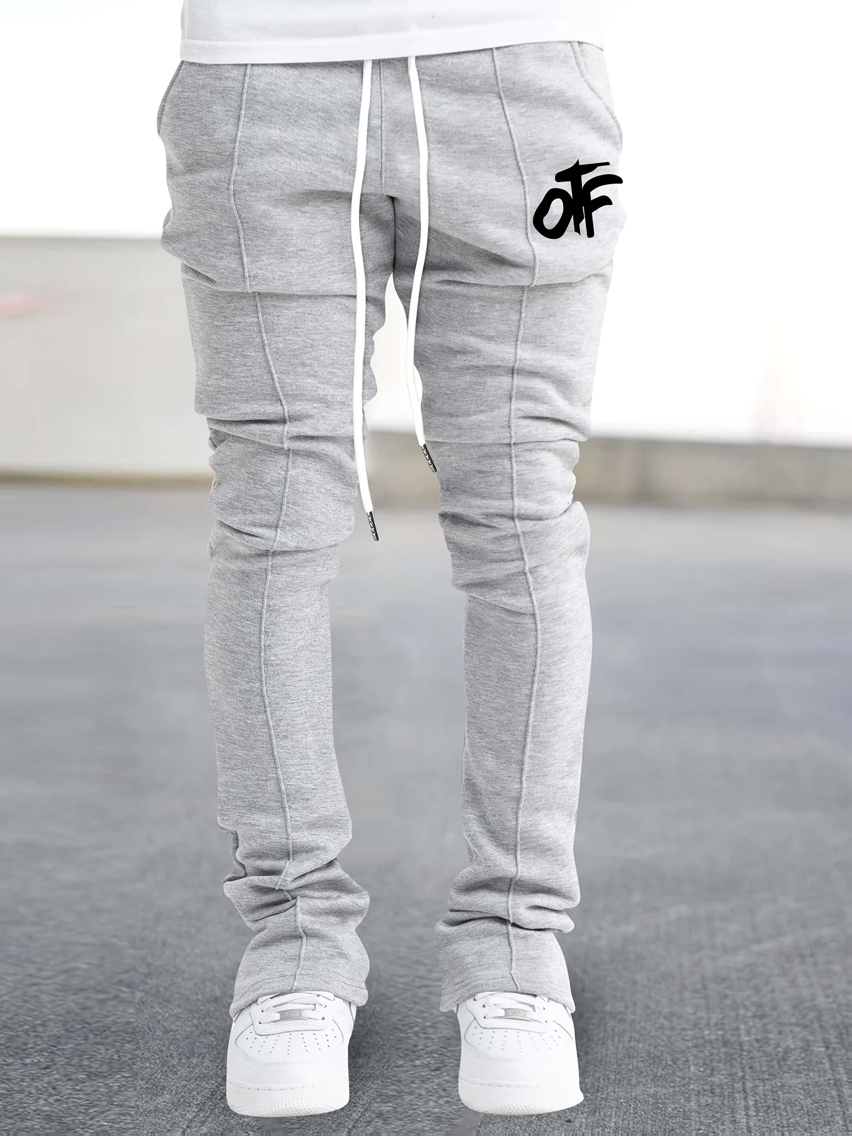 Men's Slim-Fit Heavyweight-Look Tapered Trousers - Breathable Black & White Lettering Jogger Pants with White Piping, Drawstring Waist & Cuffed Ankle - Casual to Formal Wear, Spring/Fall Season, Machine Washable (Minimalist A