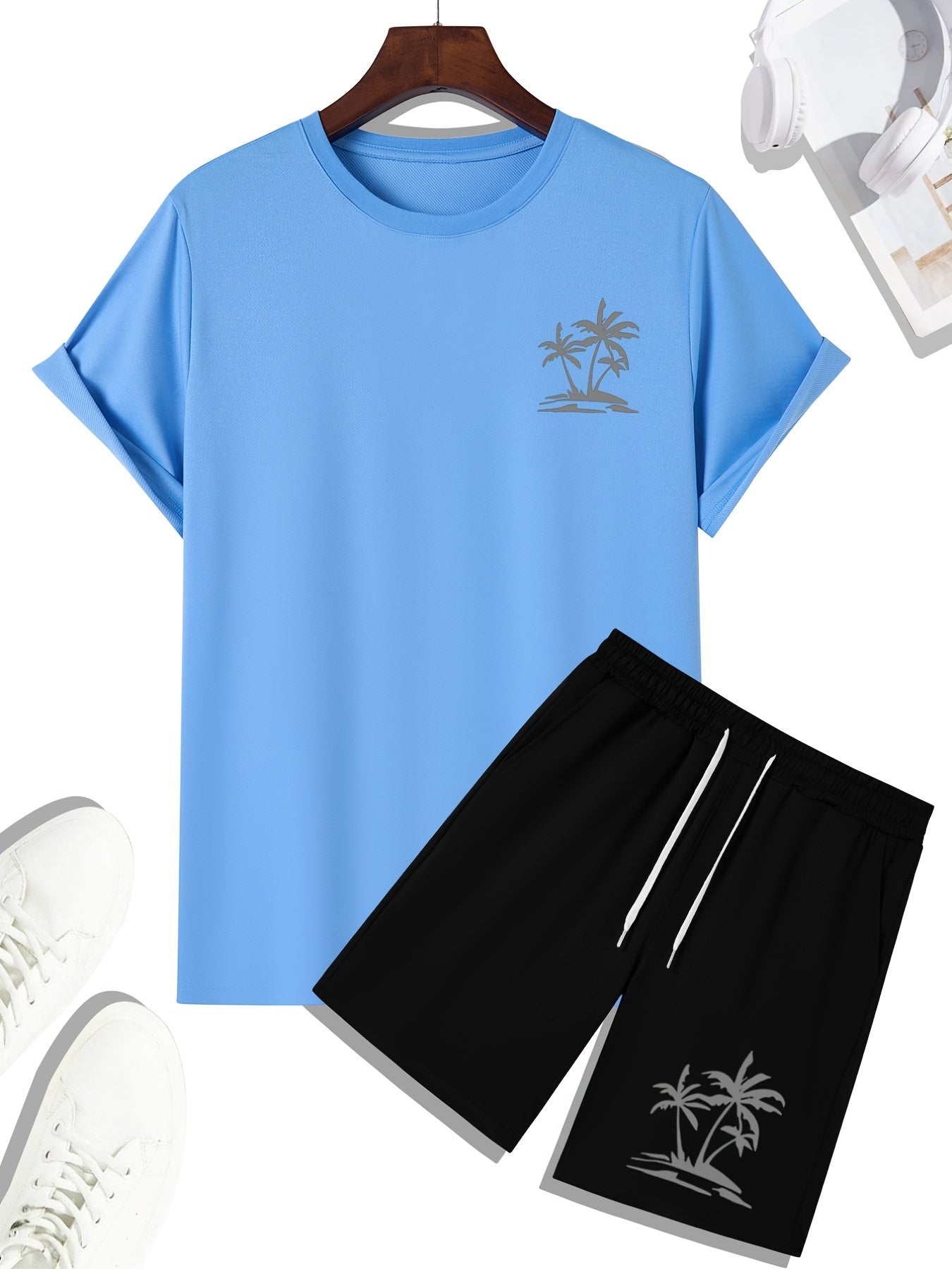 Men's Outfit Set, Palm Tree Graphic Tee & Drawstring Shorts, Teenager 2 In 1 Sports Wear For Gym Workout Jogging