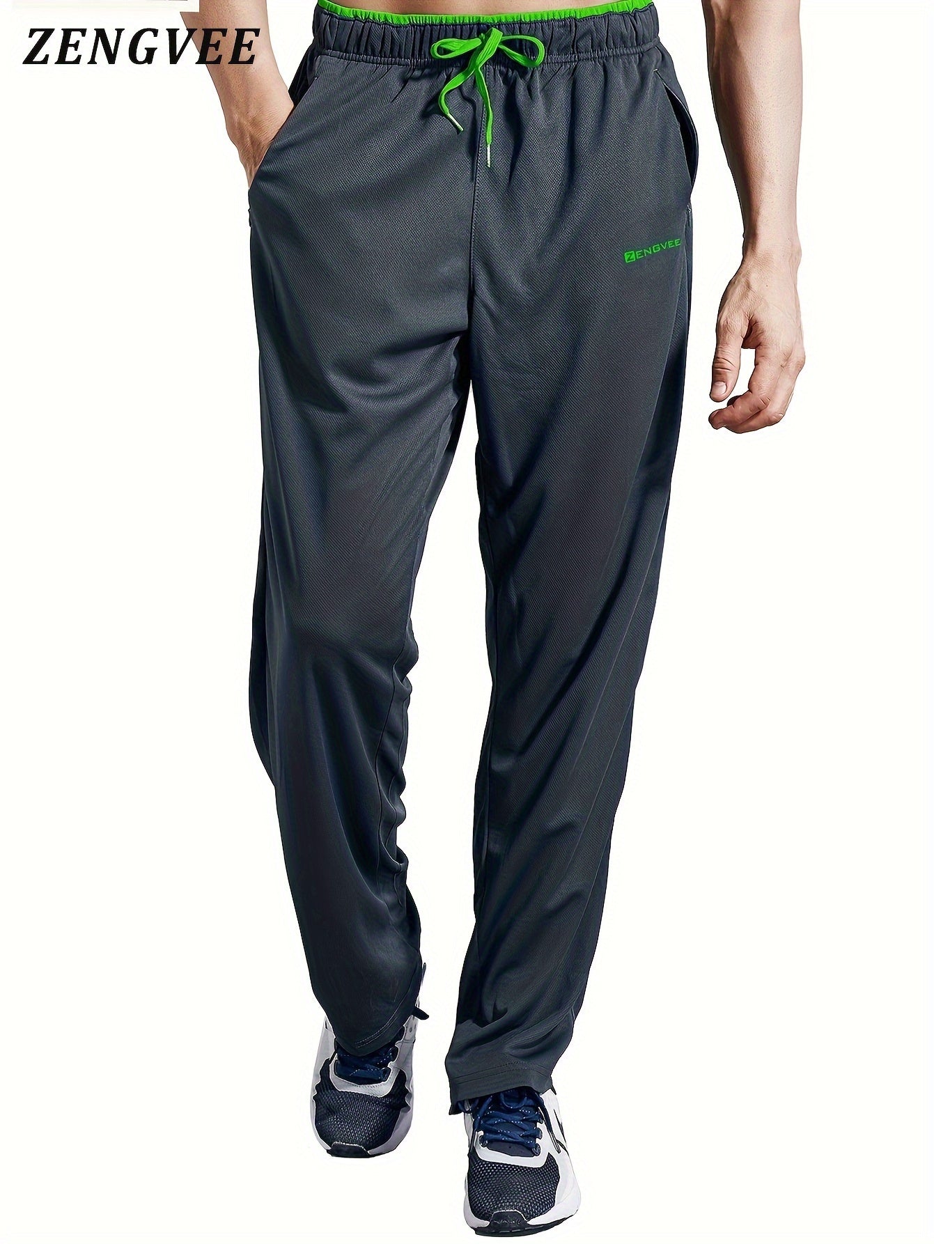 ZENGVEE Men's Trendy Pants With Zipper Pockets, Active Stretch Breathable Trousers For Men's Outdoor Jogging, Workout, Gym, Running, Training Activities