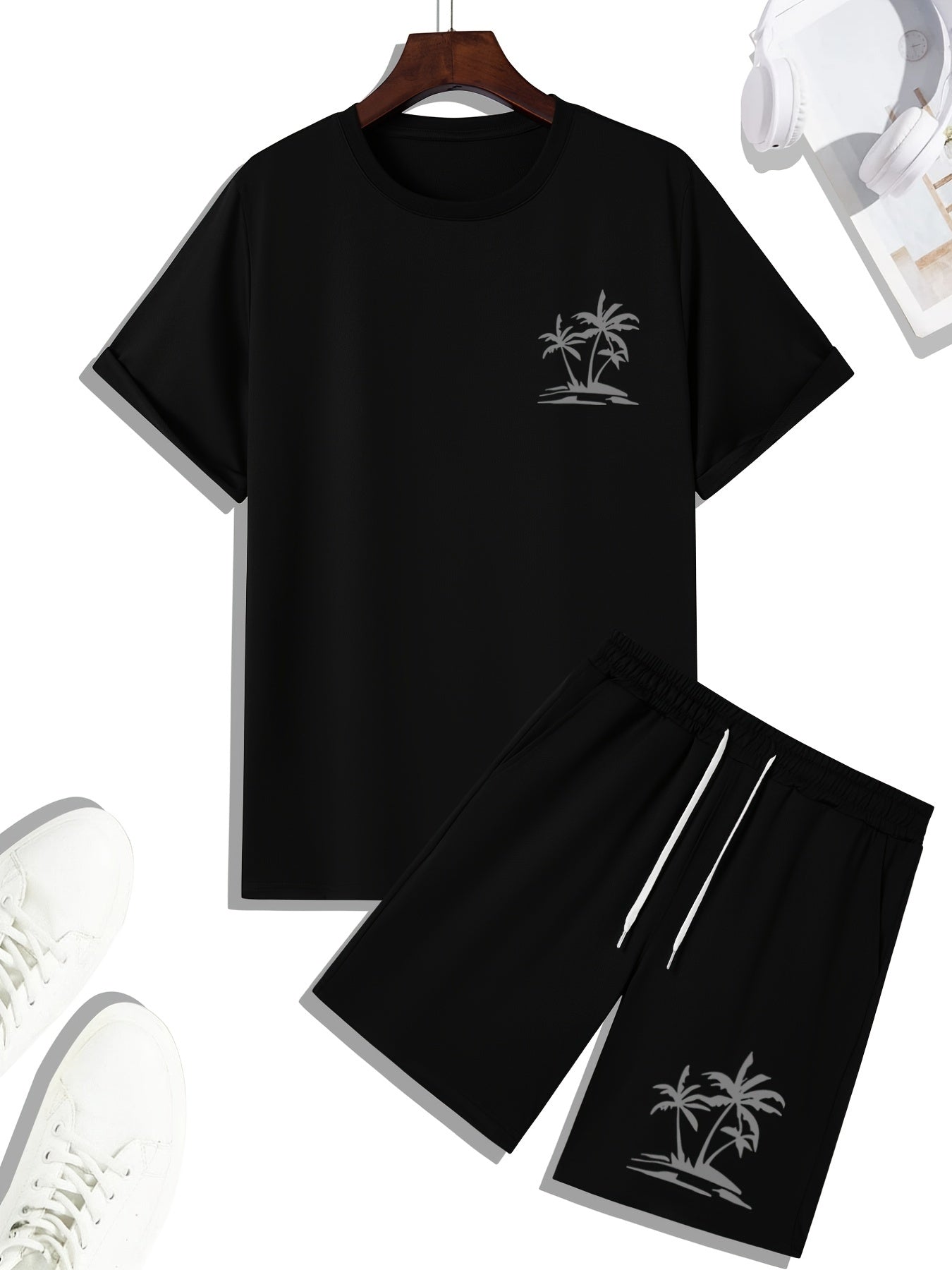 Men's Outfit Set, Palm Tree Graphic Tee & Drawstring Shorts, Teenager 2 In 1 Sports Wear For Gym Workout Jogging