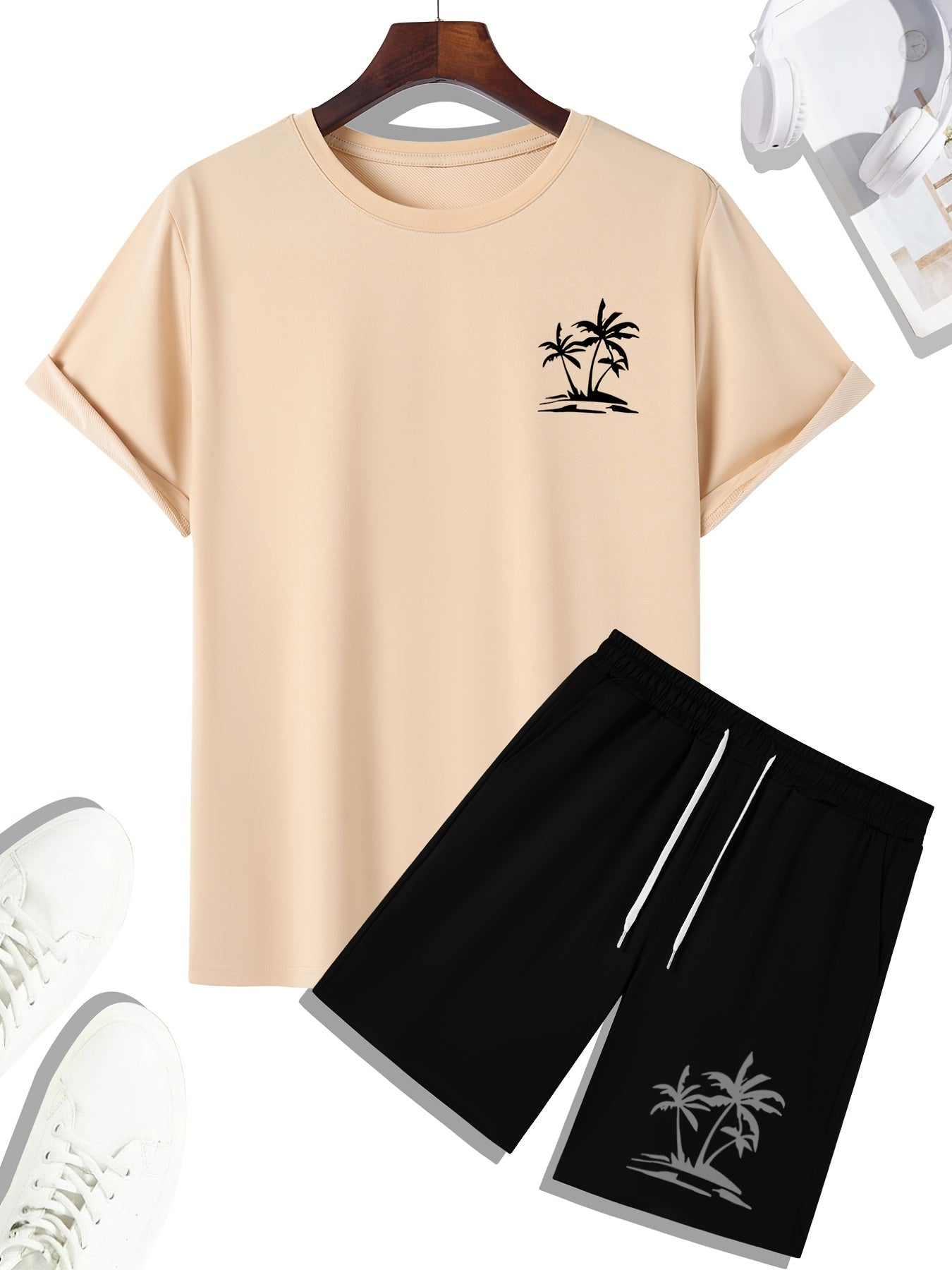 Men's Outfit Set, Palm Tree Graphic Tee & Drawstring Shorts, Teenager 2 In 1 Sports Wear For Gym Workout Jogging