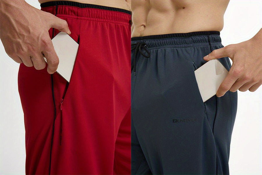 ZENGVEE Men's Trendy Pants With Zipper Pockets, Active Stretch Breathable Trousers For Men's Outdoor Jogging, Workout, Gym, Running, Training Activities