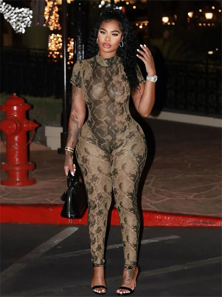 Nibber Voir À Travers Salopette Femmes Dos Nu Dragon Imprimer À Manches Courtes Fitness Activité D'entraînement Salopette Slim Stretch Clubwear