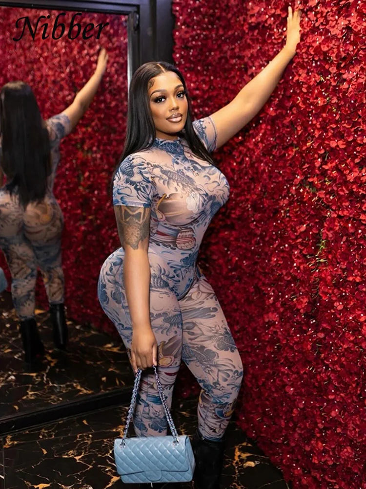 Nibber Voir À Travers Salopette Femmes Dos Nu Dragon Imprimer À Manches Courtes Fitness Activité D'entraînement Salopette Slim Stretch Clubwear