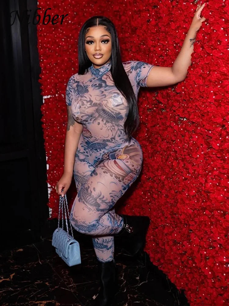 Nibber Voir À Travers Salopette Femmes Dos Nu Dragon Imprimer À Manches Courtes Fitness Activité D'entraînement Salopette Slim Stretch Clubwear