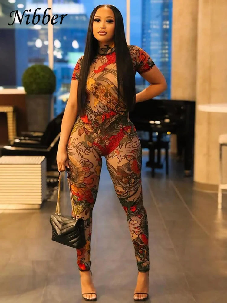 Nibber Voir À Travers Salopette Femmes Dos Nu Dragon Imprimer À Manches Courtes Fitness Activité D'entraînement Salopette Slim Stretch Clubwear