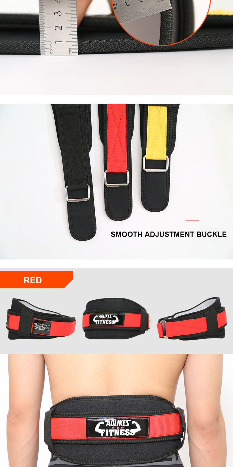 [Heavy Duty Weightlifting Belt] Aolikes Heavy Duty Adjustable Weightlifting Belt for Men & Women - Pull-On Closure, Breathable Mesh, Ergonomic Design for Squats, Deadlifts, Gym Training - Black/Red/Yellow, Core Support, Sleek