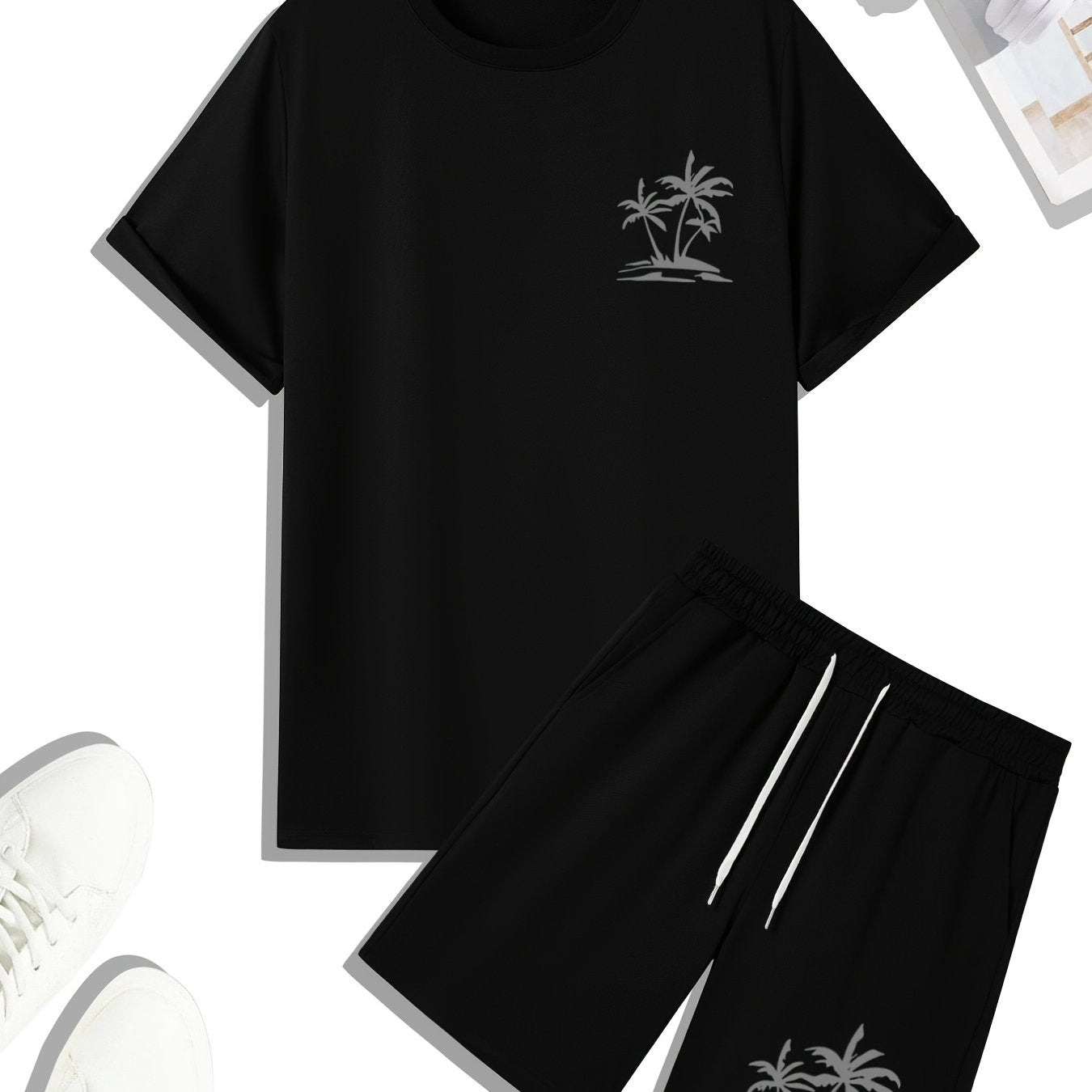 Men's Outfit Set, Palm Tree Graphic Tee & Drawstring Shorts, Teenager 2 In 1 Sports Wear For Gym Workout Jogging