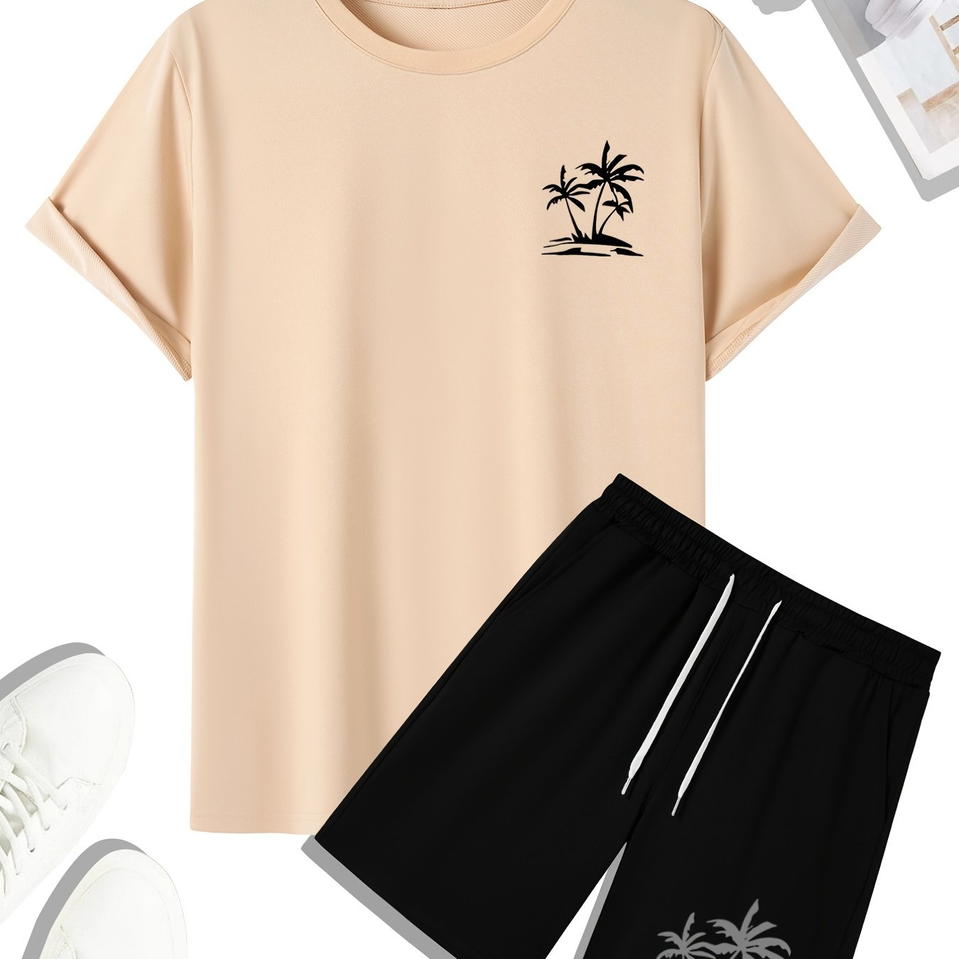 Men's Outfit Set, Palm Tree Graphic Tee & Drawstring Shorts, Teenager 2 In 1 Sports Wear For Gym Workout Jogging