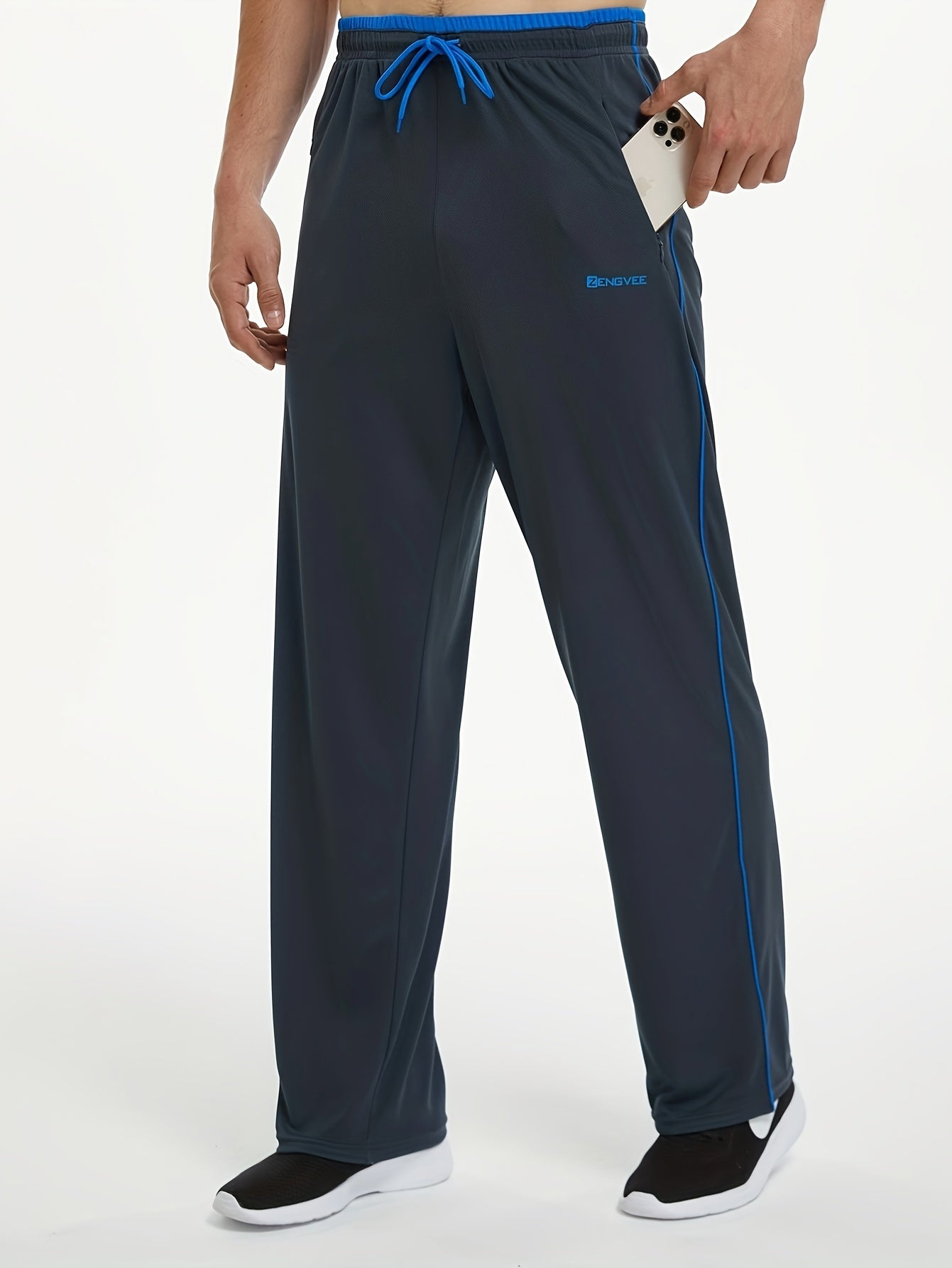 ZENGVEE Men's Trendy Pants With Zipper Pockets, Active Stretch Breathable Trousers For Men's Outdoor Jogging, Workout, Gym, Running, Training Activities