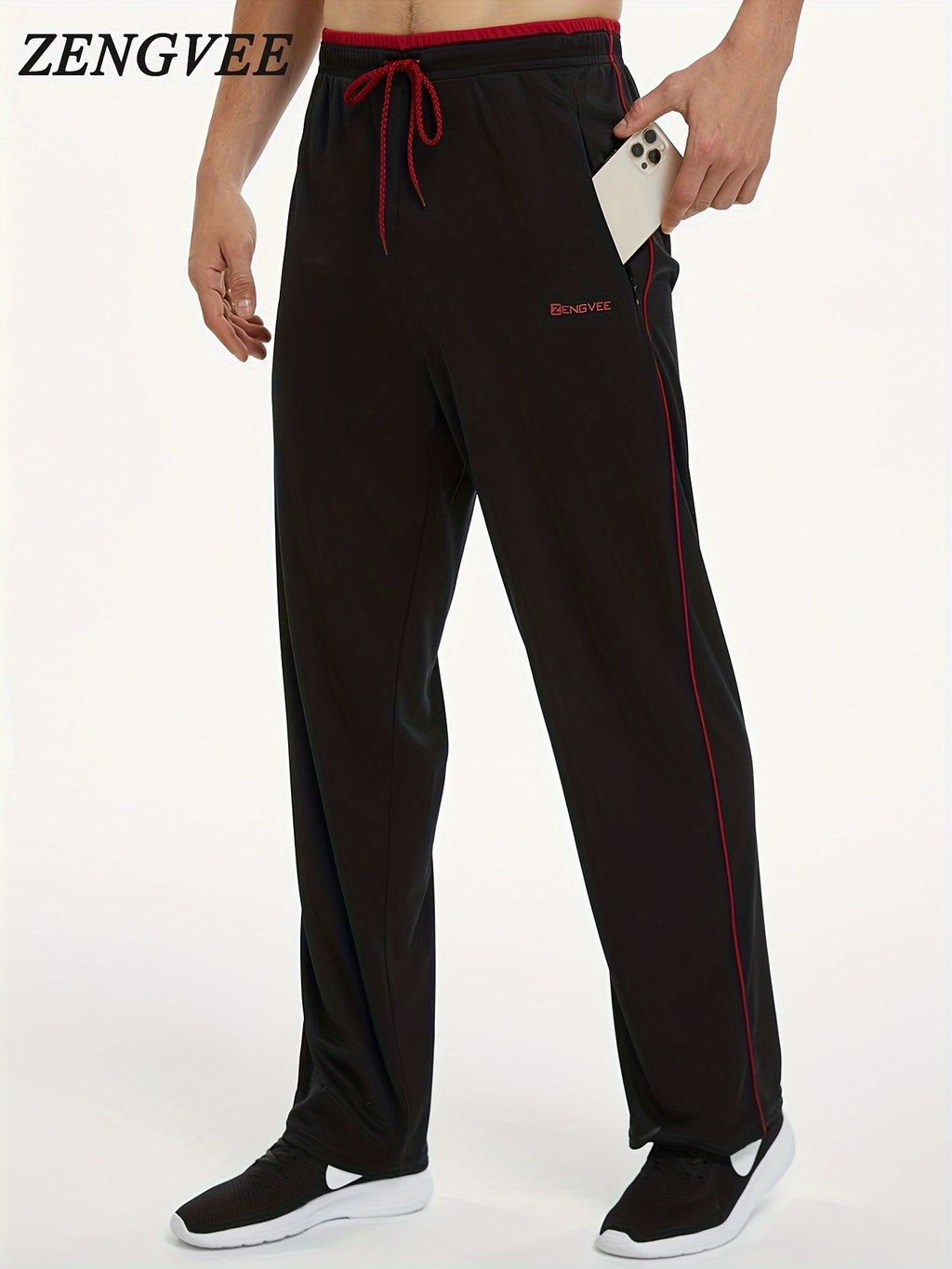 ZENGVEE Men's Trendy Pants With Zipper Pockets, Active Stretch Breathable Trousers For Men's Outdoor Jogging, Workout, Gym, Running, Training Activities