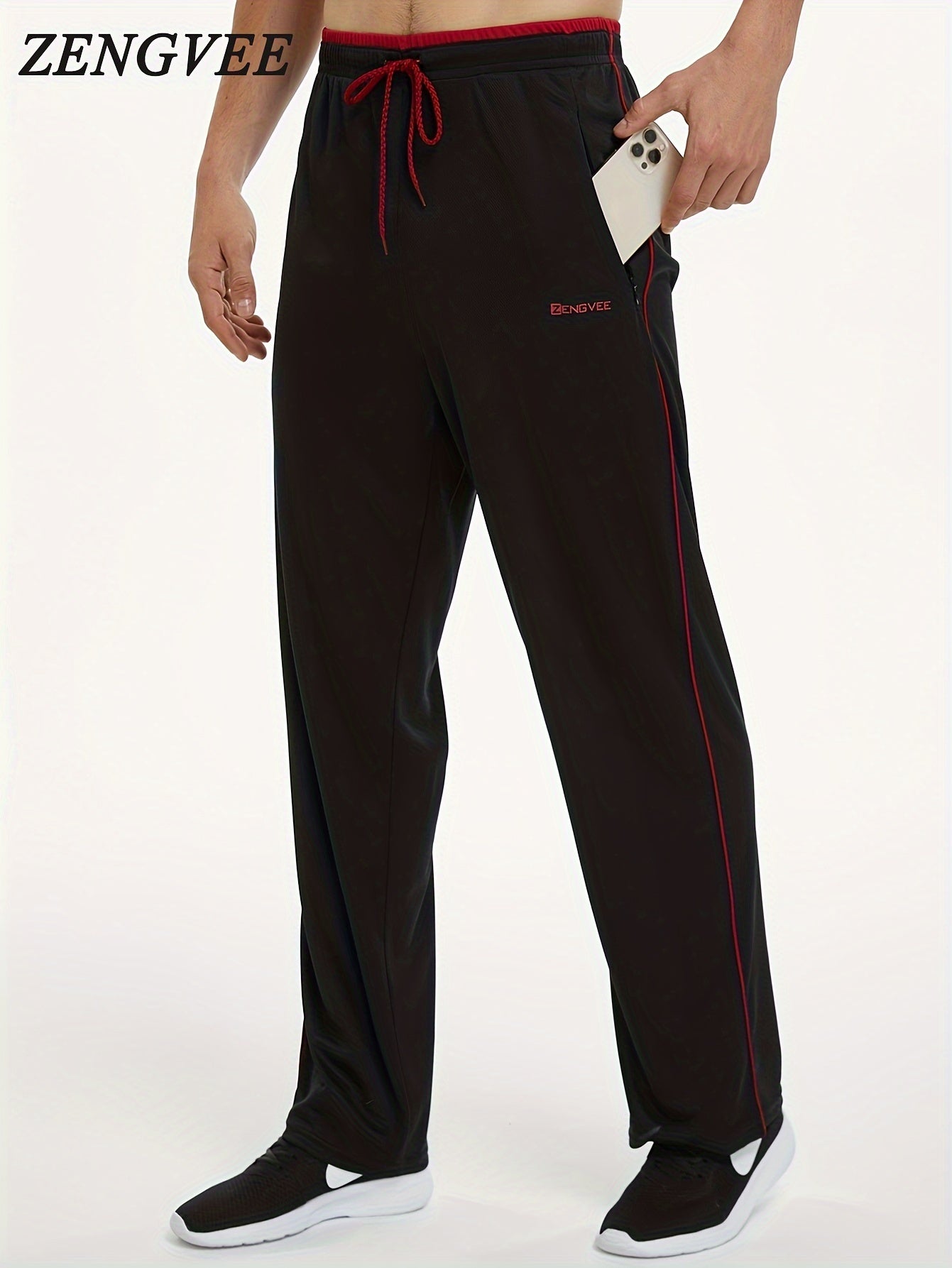 ZENGVEE Men's Trendy Pants With Zipper Pockets, Active Stretch Breathable Trousers For Men's Outdoor Jogging, Workout, Gym, Running, Training Activities